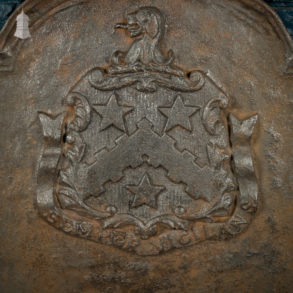 Cast Iron Fire Back With Decorative Coat of Arms - 'Semper Vigilans'