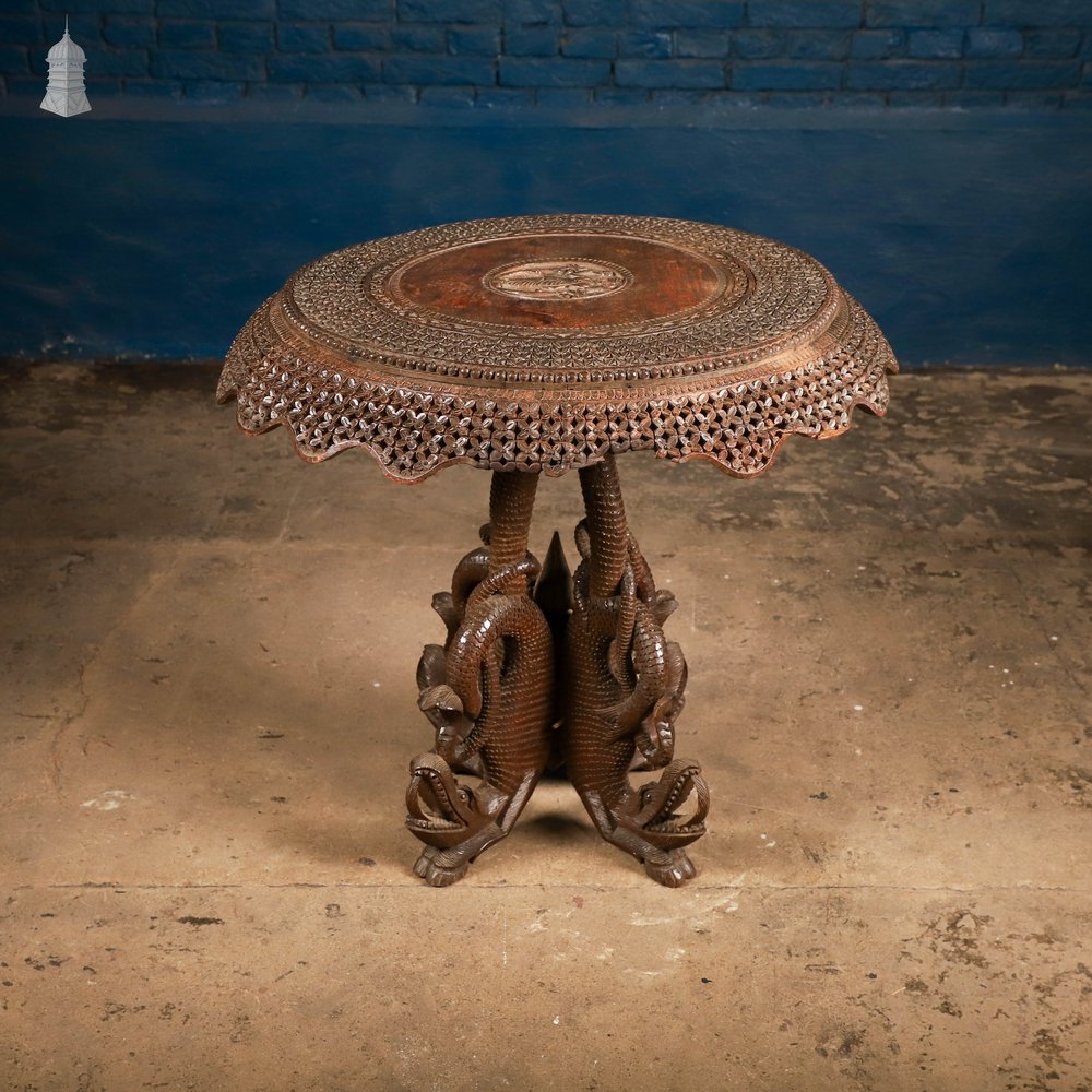 Carved Burmese Side Table, Serpent Base with Pierced Floral Circular Top