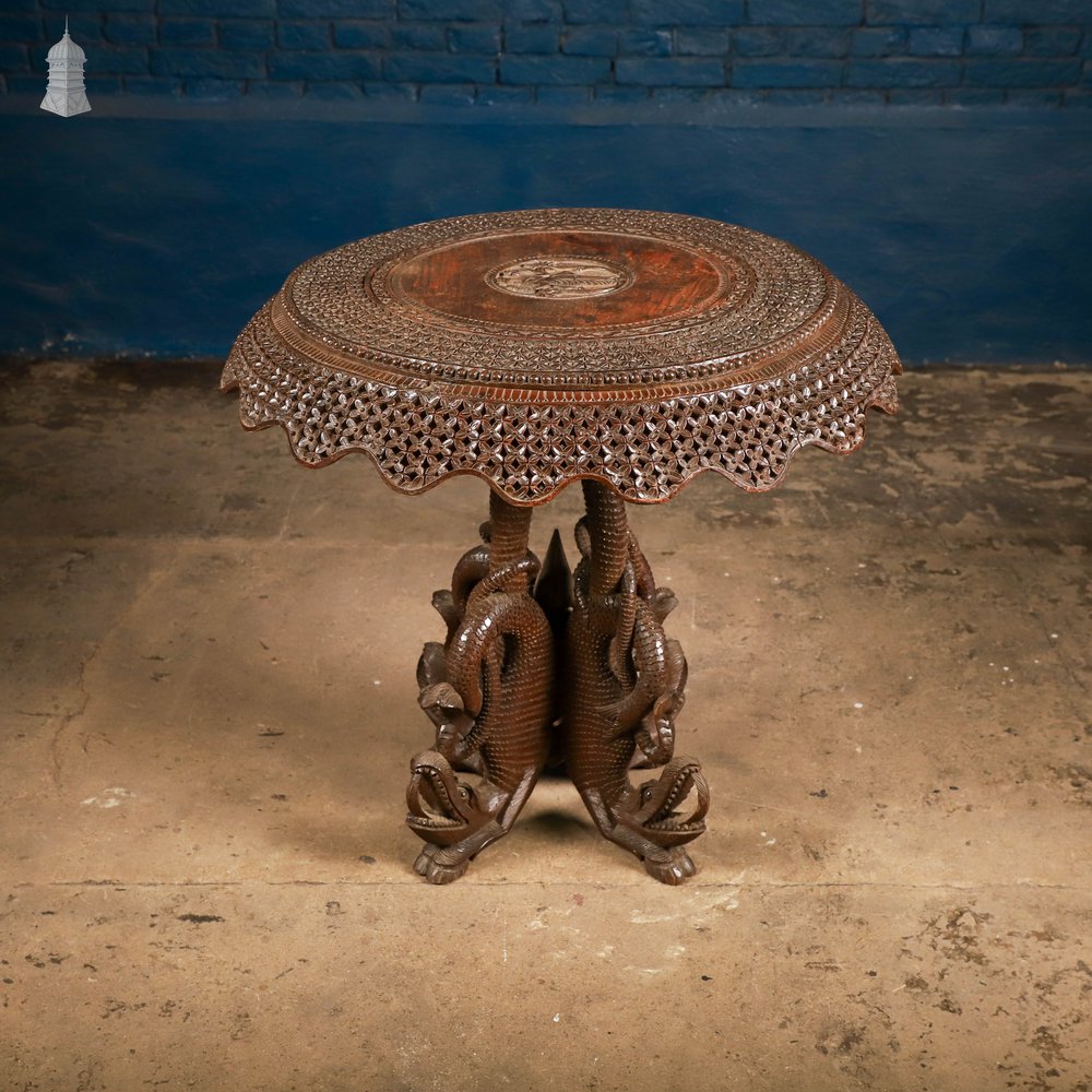 Carved Burmese Side Table, Serpent Base with Pierced Floral Circular Top