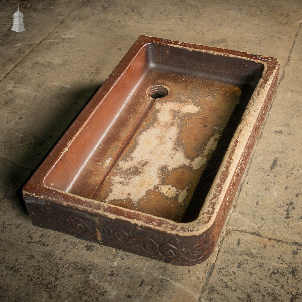 Shallow Trough Sink, 19th C Salt Glazed, Left Hand Return with Decorative Floral Design