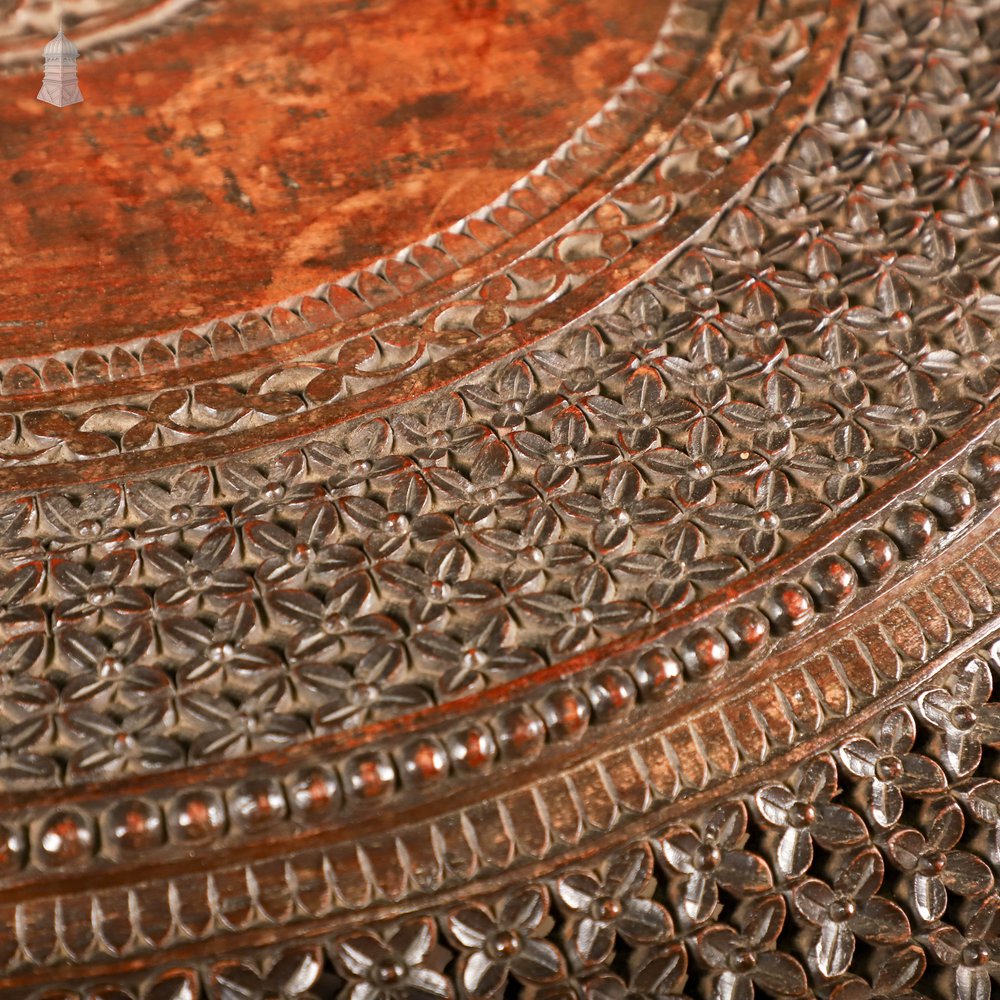 Carved Burmese Side Table, Serpent Base with Pierced Floral Circular Top