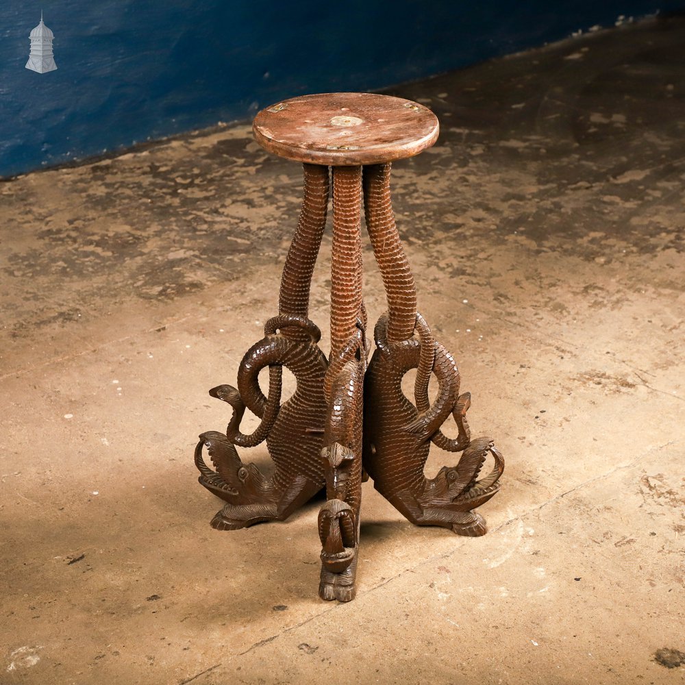 Carved Burmese Side Table, Serpent Base with Pierced Floral Circular Top