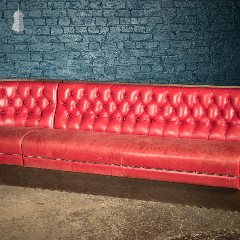 Red Button Back Leather Banquette Corner Bench Seat Reclaimed from Jamie Oliver’s Norwich Restaurant – 31 Feet Long