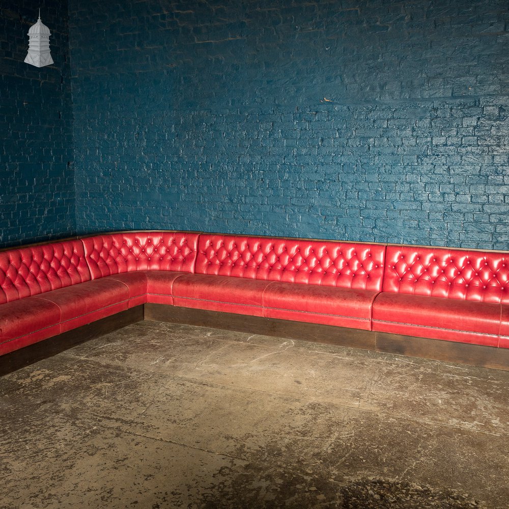 Red Button Back Leather Banquette Corner Bench Seat Reclaimed from Jamie Oliver’s Norwich Restaurant – 31 Feet Long