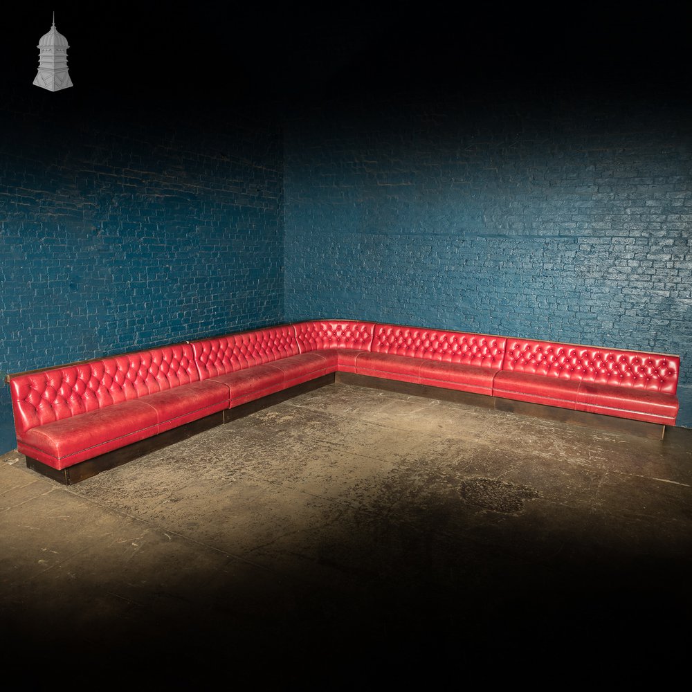 Red Button Back Leather Banquette Corner Bench Seat Reclaimed from Jamie Oliver’s Norwich Restaurant – 31 Feet Long