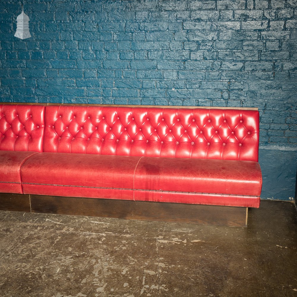 Red Button Back Leather Banquette Corner Bench Seat Reclaimed from Jamie Oliver’s Norwich Restaurant – 31 Feet Long