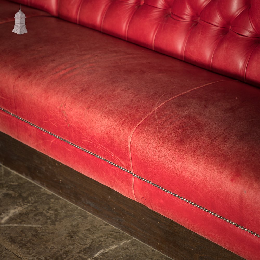 Red Button Back Leather Banquette Corner Bench Seat Reclaimed from Jamie Oliver’s Norwich Restaurant – 31 Feet Long