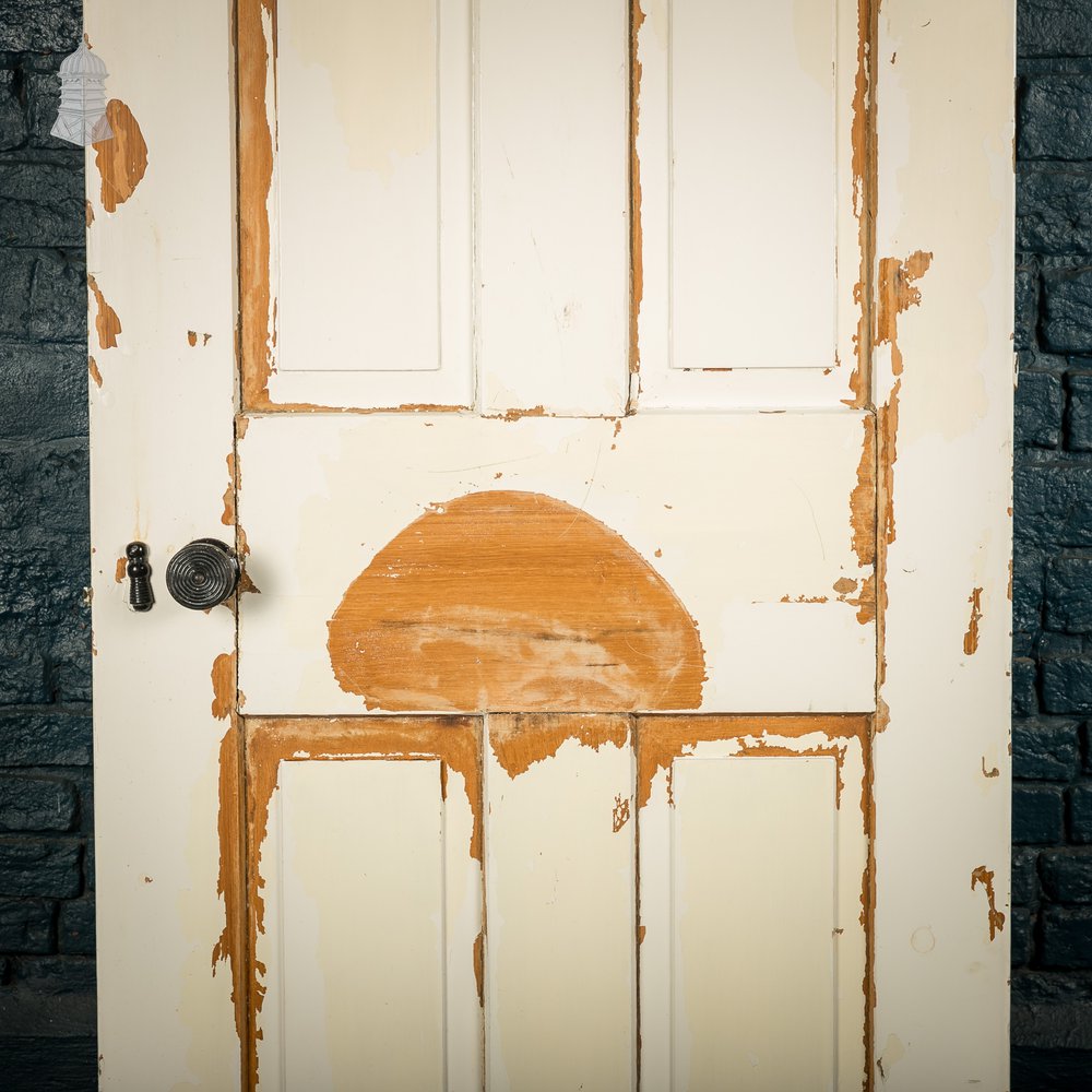 Moulded 4-Panel Door – Worn White Paint, Honey Pot Handles