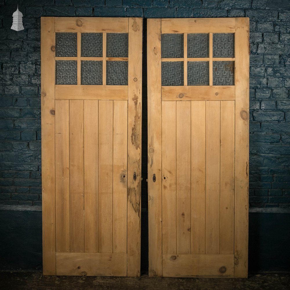 Glazed Pine Doors, Pair of framed plank Edwardian Doors with Muranese Florentine Textured Glass