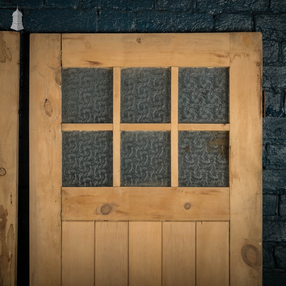 Glazed Pine Doors, Pair of framed plank Edwardian Doors with Muranese Florentine Textured Glass