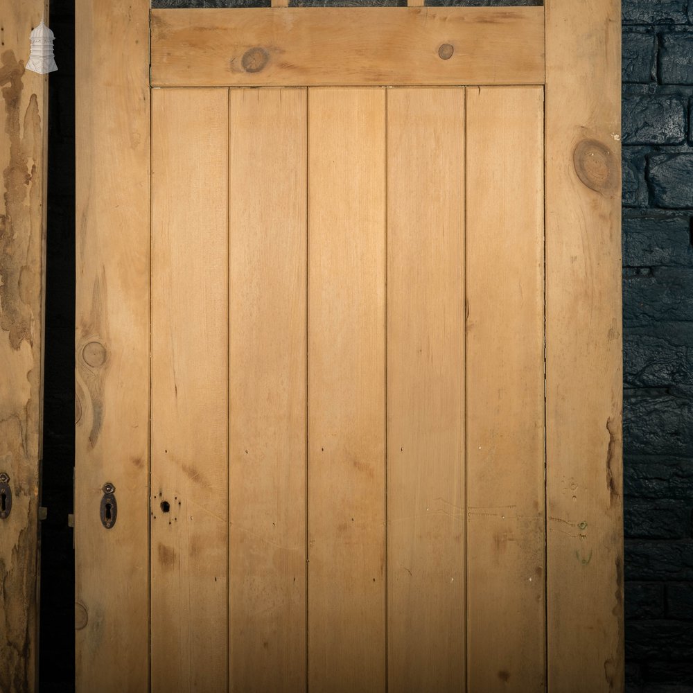 Glazed Pine Doors, Pair of framed plank Edwardian Doors with Muranese Florentine Textured Glass