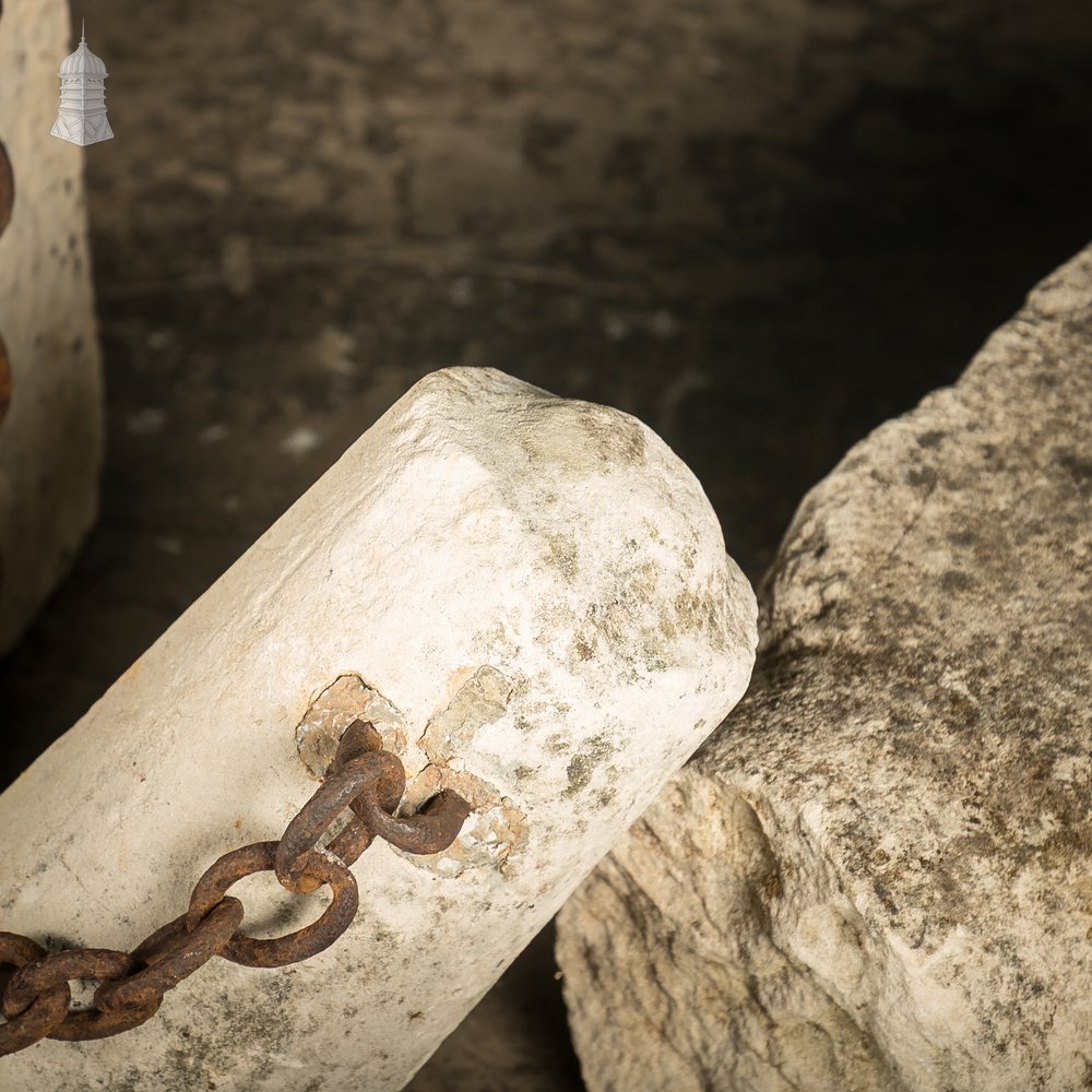 Stone Bollards & Chain, Weathered Architectual Salvage Feature.