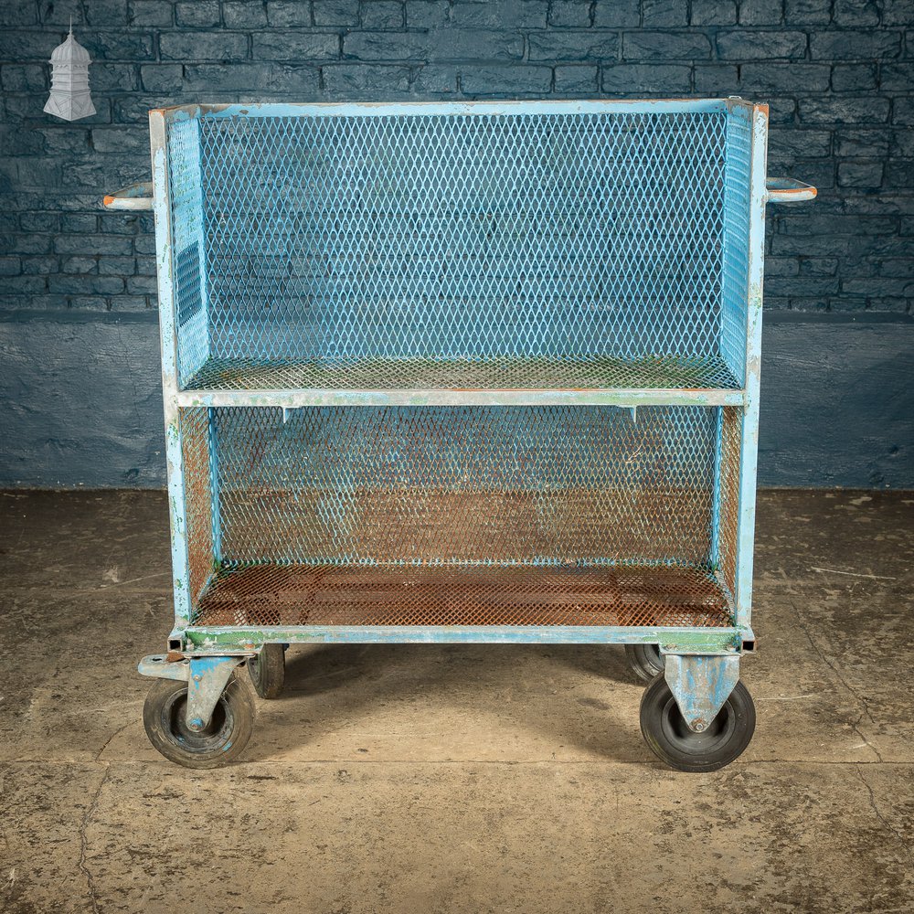 Steel Industrial Workshop Wheeled Trolley Shelf Unit with Distressed Blue Paint