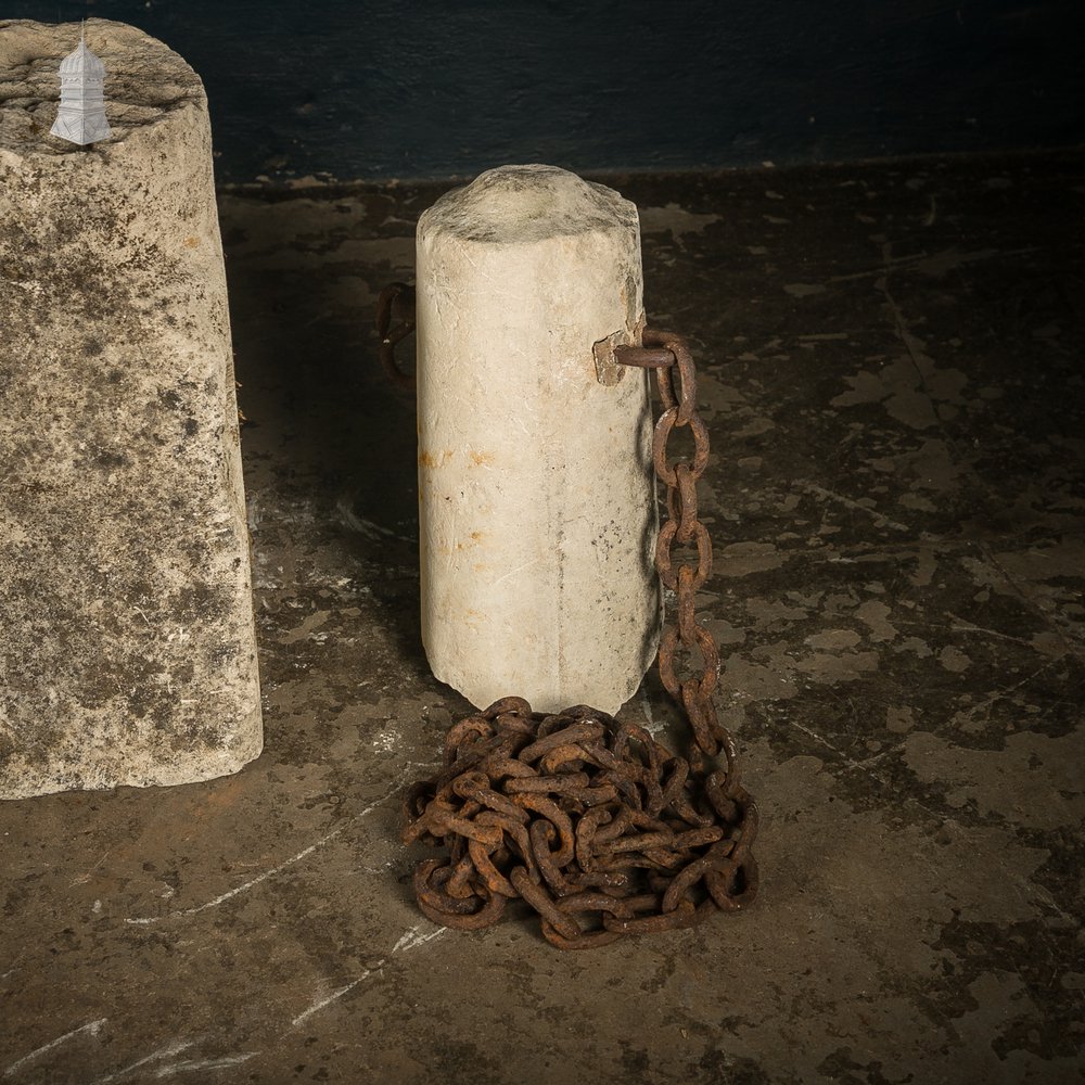 Stone Bollards & Chain, Weathered Architectual Salvage Feature.