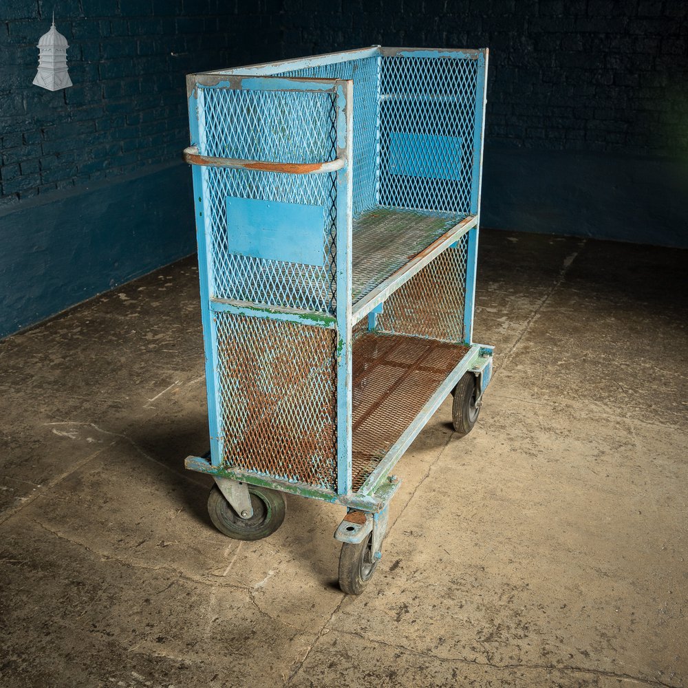 Steel Industrial Workshop Wheeled Trolley Shelf Unit with Distressed Blue Paint