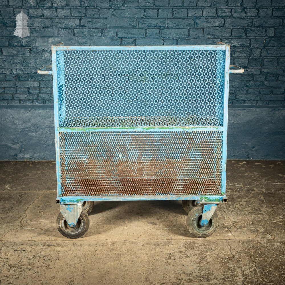 Steel Industrial Workshop Wheeled Trolley Shelf Unit with Distressed Blue Paint