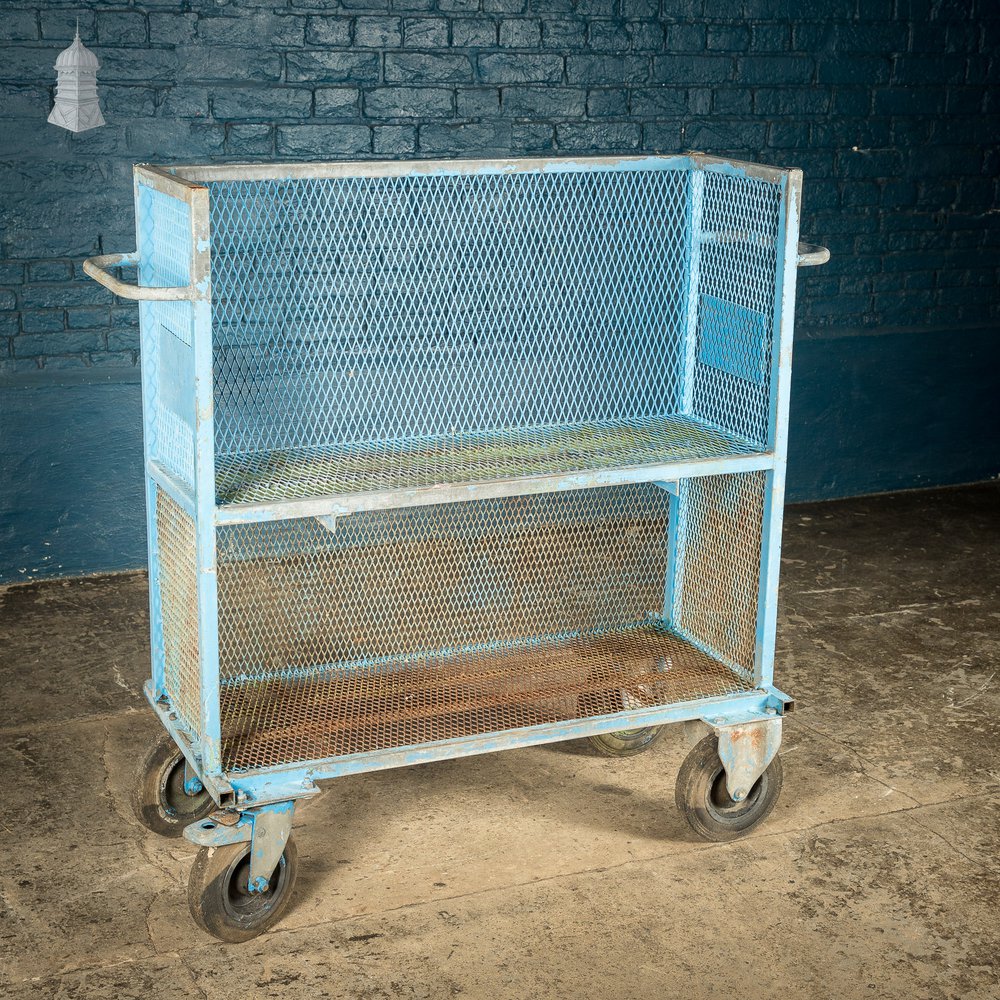 Blue Painted Steel Industrial Workshop Wheeled Trolley Shelf Unit