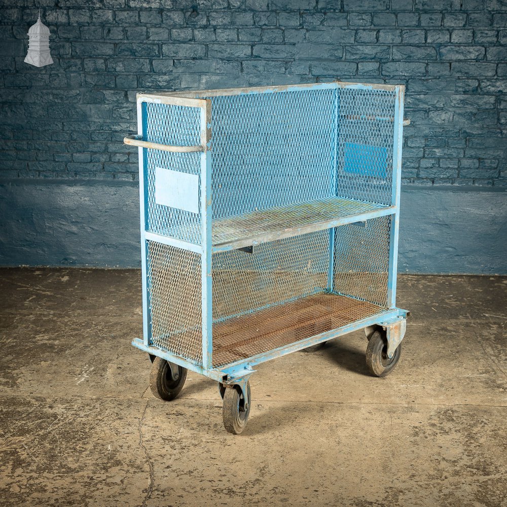 Blue Painted Steel Industrial Workshop Wheeled Trolley Shelf Unit