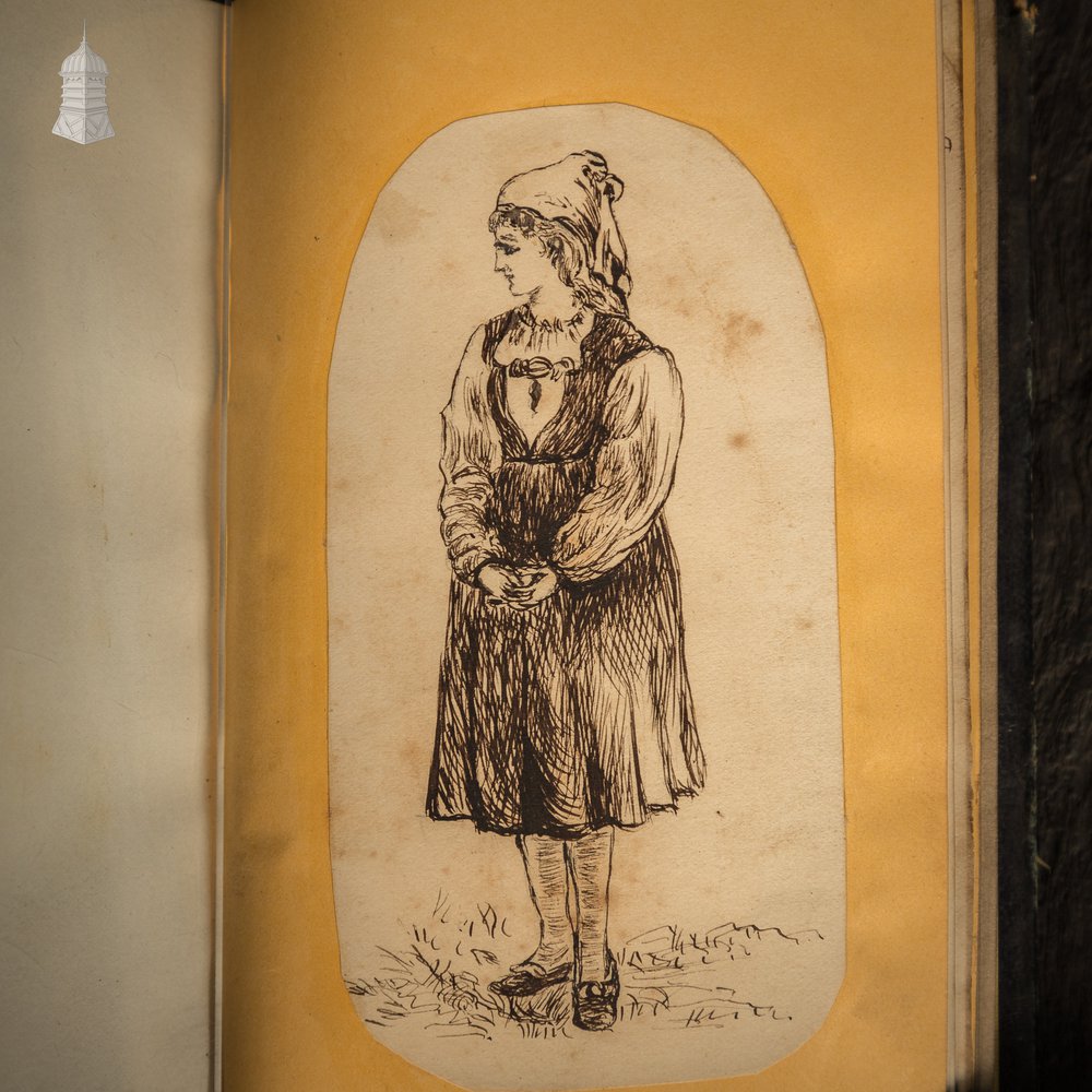 A 19th C Small Black Leather-Bound Sketch Book Album Containing Various Original Drawings