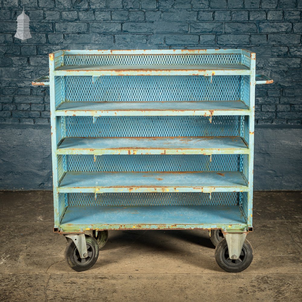 Blue Painted Steel Industrial Workshop Wheeled Trolley Shelf Unit