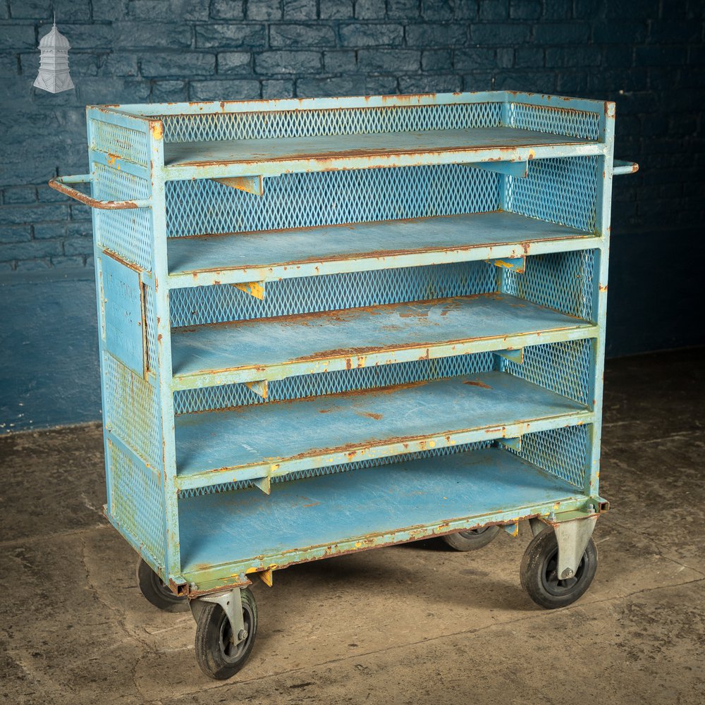 Blue Painted Steel Industrial Workshop Wheeled Trolley Shelf Unit