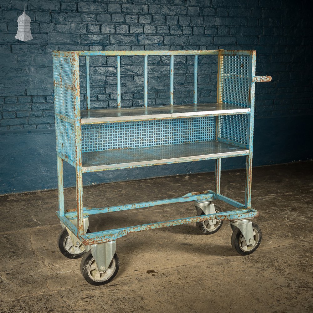 Blue Painted and Stainless Steel Industrial Workshop Wheeled Trolley