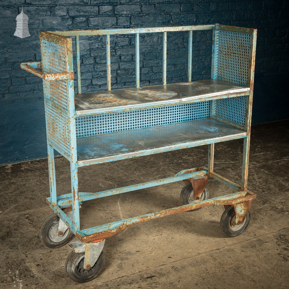 Blue Painted and Stainless Steel Industrial Workshop Wheeled Trolley