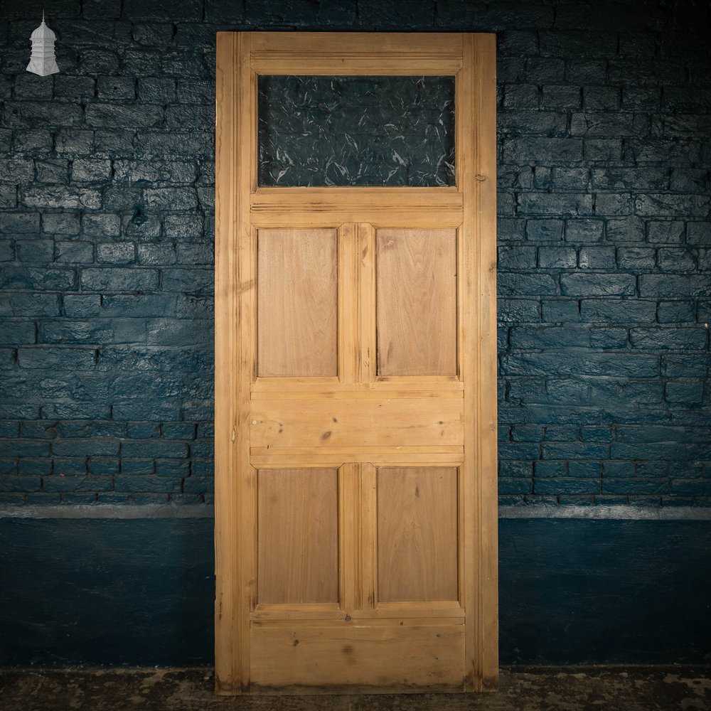 Glazed Pine Door, 5 Panel 19th C with Textured ‘Autumn Leaf’ Style Glazing