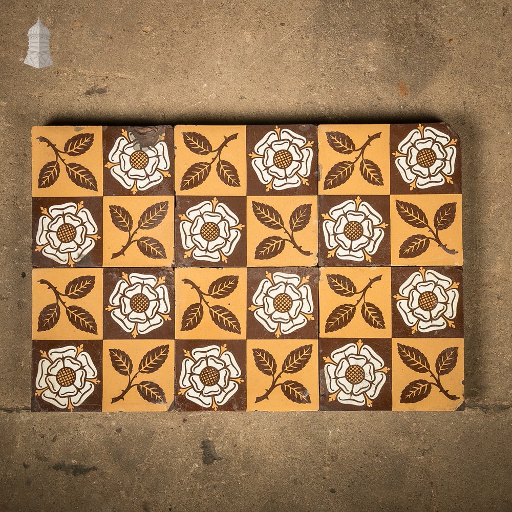 Victorian Minton & Co Encaustic Tiles with Heraldic Rose Design