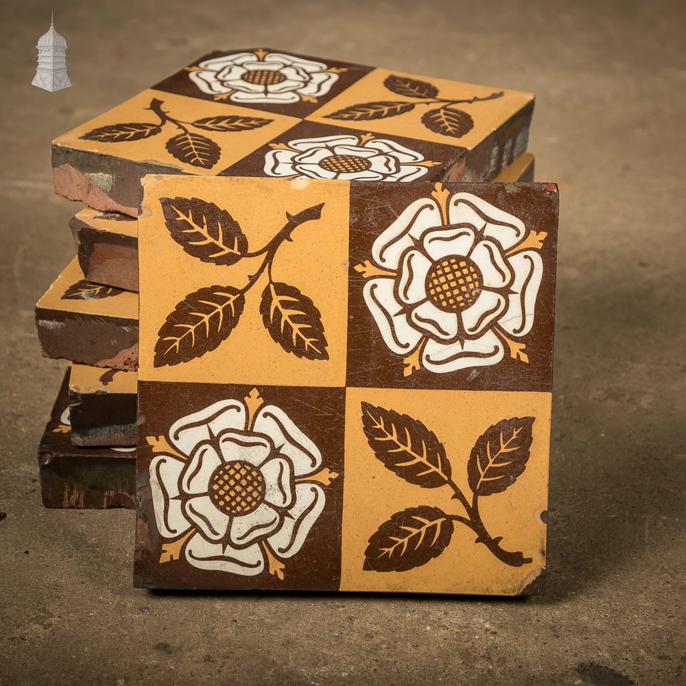Victorian Minton & Co Encaustic Tiles with Heraldic Rose Design