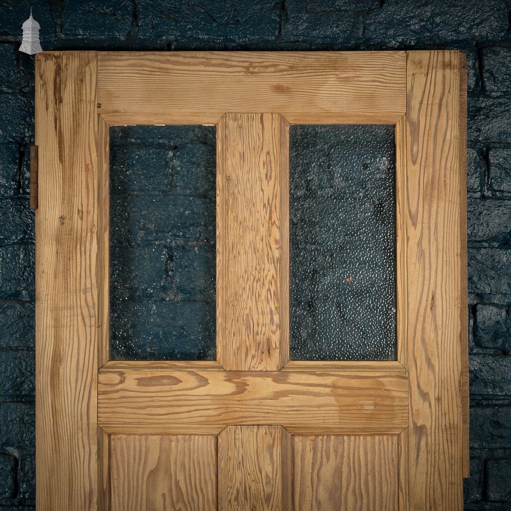 Glazed Pine Door, 4 Panel 19th C Pitch Pine with ‘Hammered’ Style Textured Glass