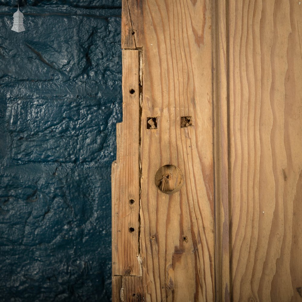 Glazed Pine Door, 4 Panel 19th C Pitch Pine with ‘Hammered’ Style Textured Glass