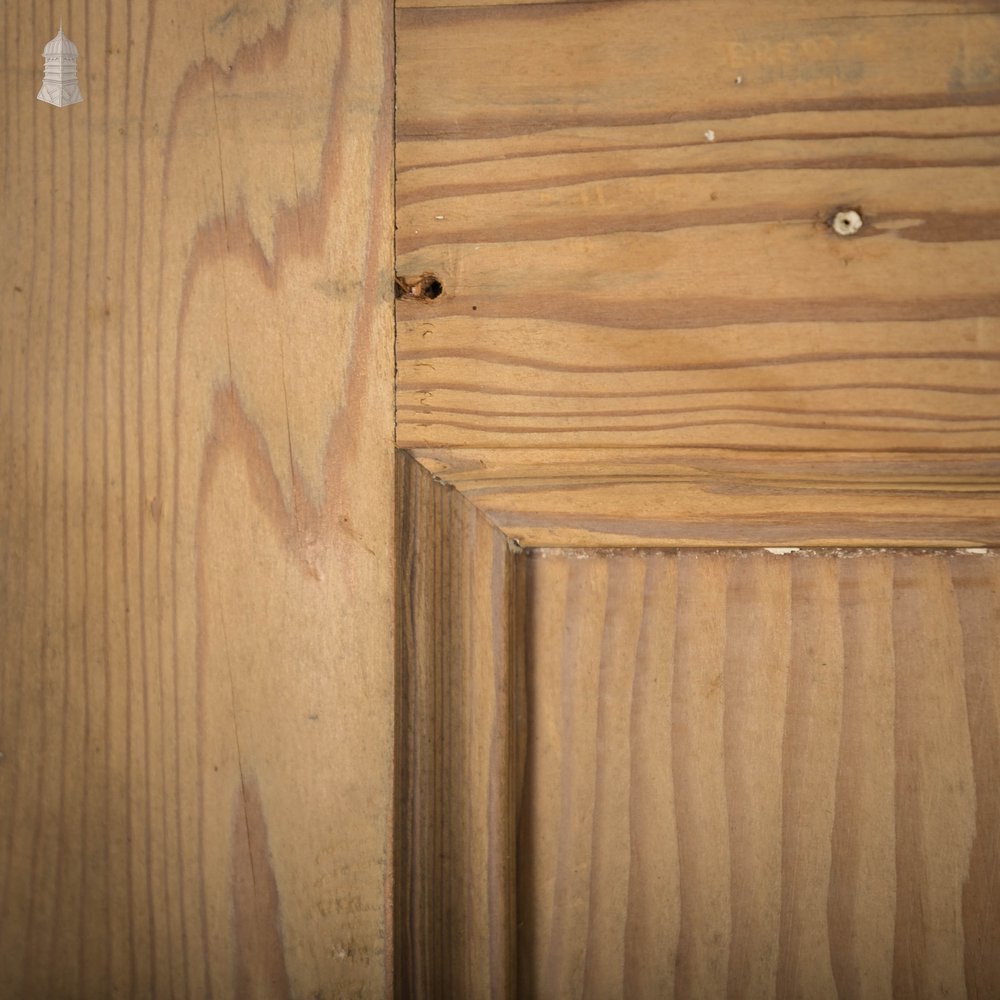 Glazed Pine Door, 4 Panel 19th C Pitch Pine with ‘Hammered’ Style Textured Glass