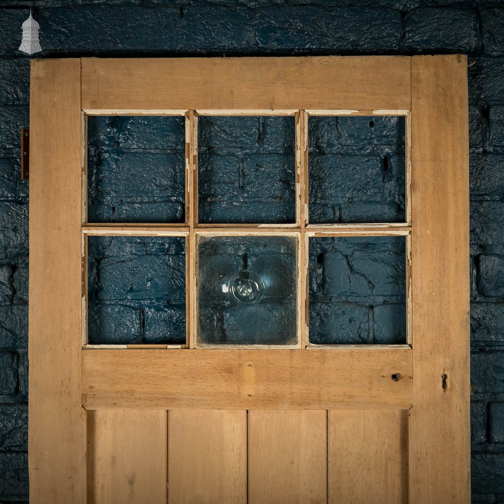 Framed Plank Glazed Pine Door, Edwardian with Bullseye Glass