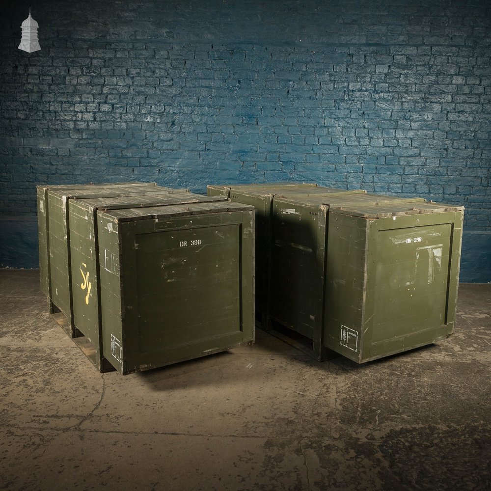 Military Shipping Crates, Pair of Green painted Wooden Aircraft Part Shipping Boxes Reclaimed from a Norfolk RAF Base