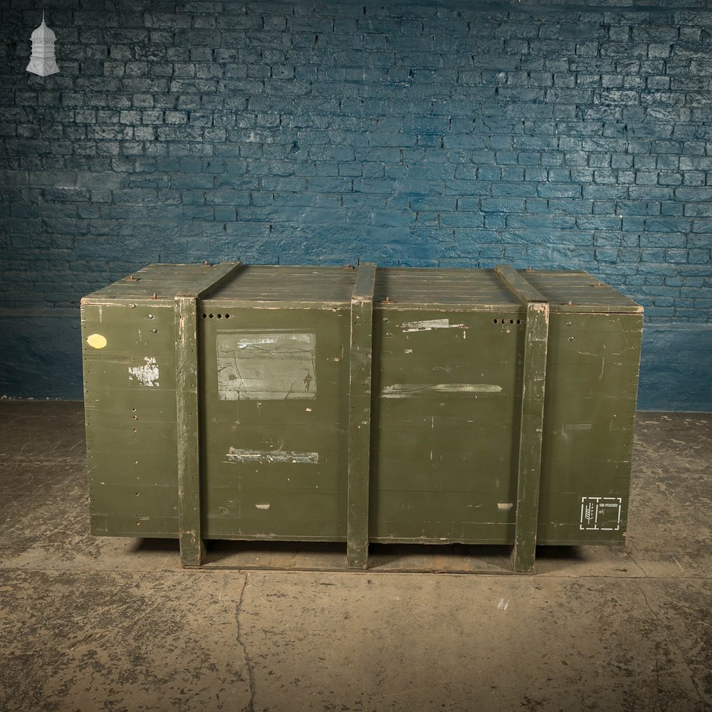 Military Shipping Crates, Pair of Green painted Wooden Aircraft Part Shipping Boxes Reclaimed from a Norfolk RAF Base