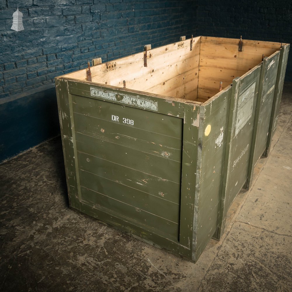 Military Shipping Crates, Pair of Green painted Wooden Aircraft Part Shipping Boxes Reclaimed from a Norfolk RAF Base