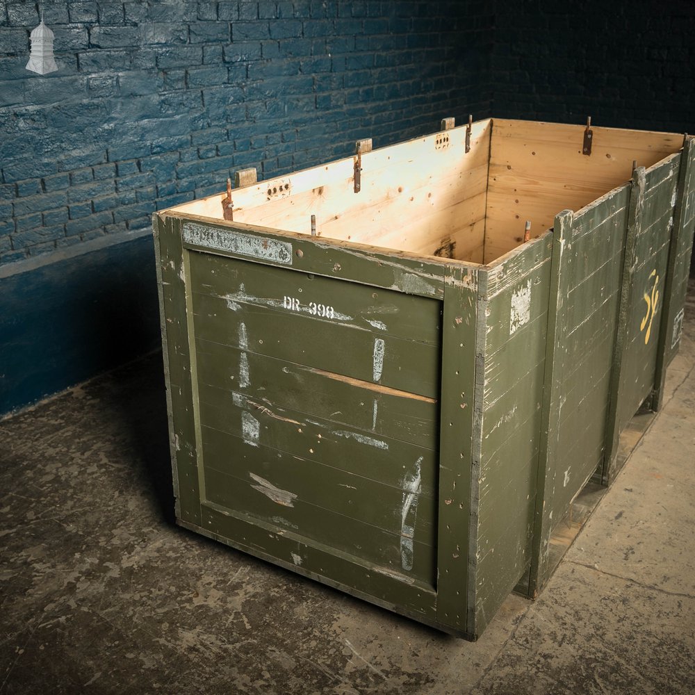 Military Shipping Crates, Pair of Green painted Wooden Aircraft Part Shipping Boxes Reclaimed from a Norfolk RAF Base