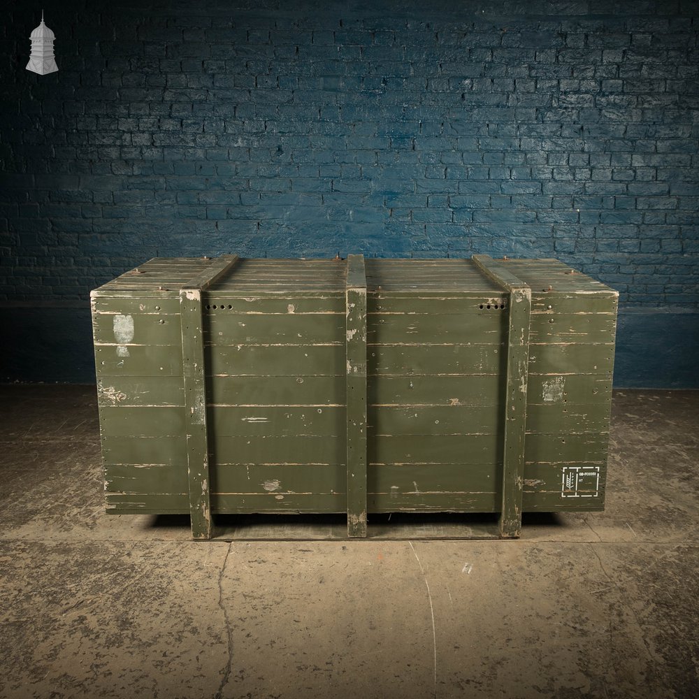 Military Shipping Crates, Pair of Green painted Wooden Aircraft Part Shipping Boxes Reclaimed from a Norfolk RAF Base