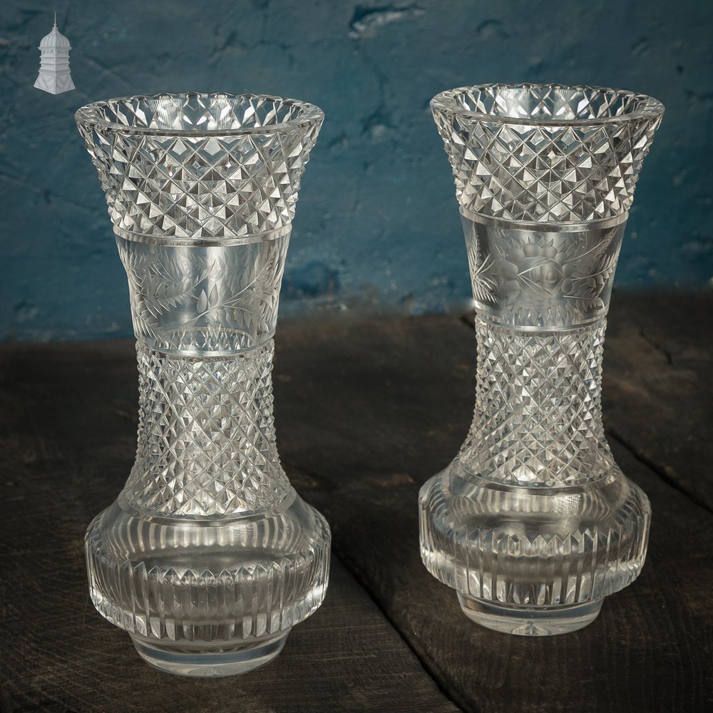 Crystal Vases, 19th C Cut Glass, Pair