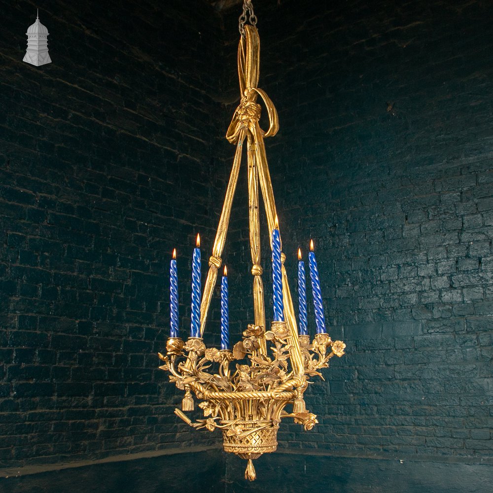 Antique Six Candle Basket Chandelier with Floral, Ribbon & Tassel Decoration