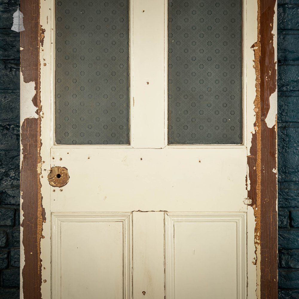 Half Glazed Door, Victorian with Frosted Glass, and Distressed White Paint