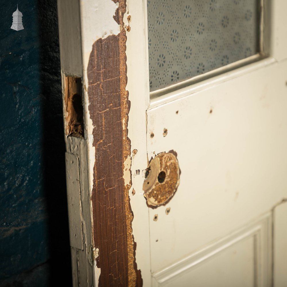 Half Glazed Door, Victorian with Frosted Glass, and Distressed White Paint