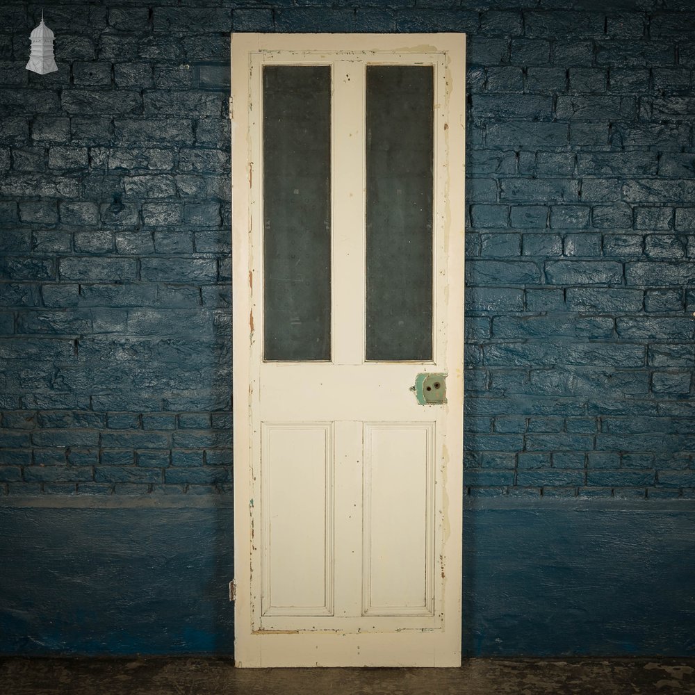 Half Glazed Door, Victorian with Frosted Glass, and Distressed White Paint