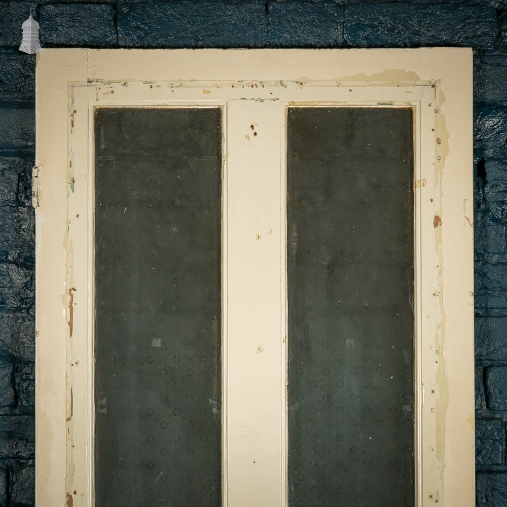 Half Glazed Door, Victorian with Frosted Glass, and Distressed White Paint