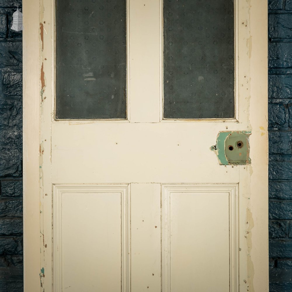 Half Glazed Door, Victorian with Frosted Glass, and Distressed White Paint