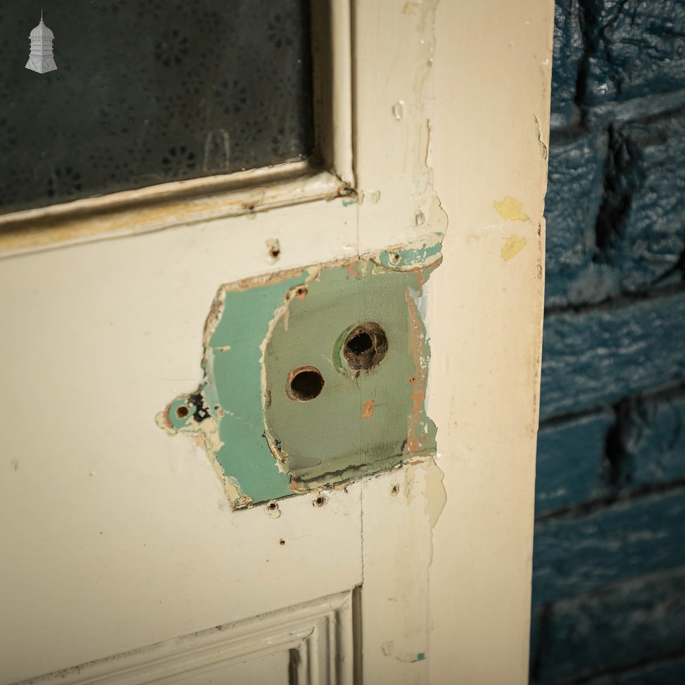 Half Glazed Door, Victorian with Frosted Glass, and Distressed White Paint