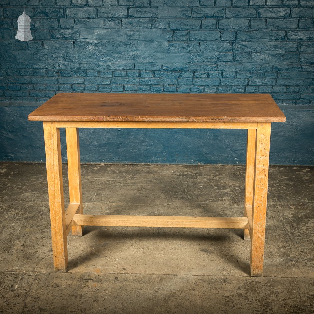 School Workbench Table, Mid Century, Beech H stretcher base with Iroko top