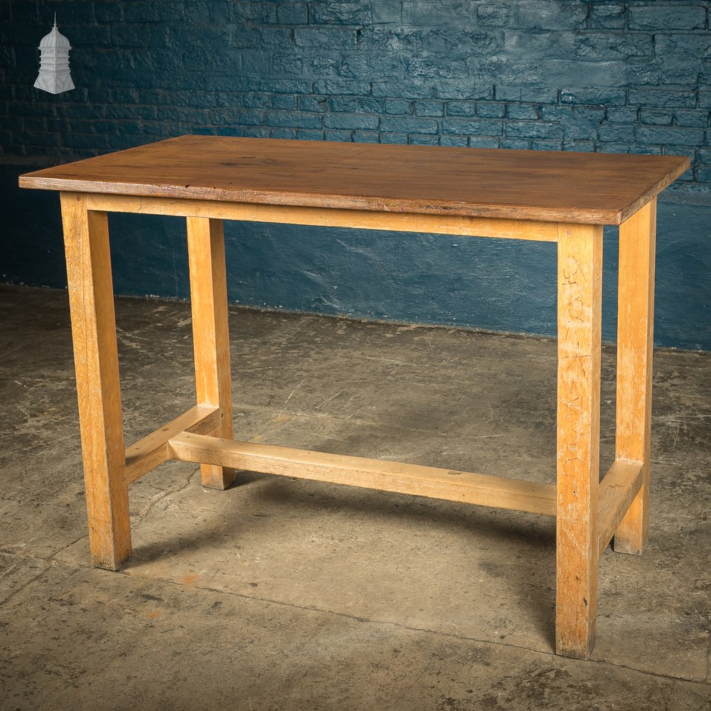 School Workbench Table, Mid Century, Beech H stretcher base with Iroko top