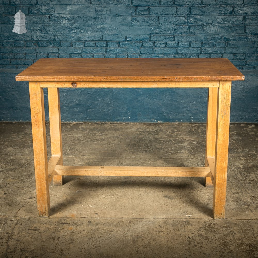 School Workbench Table, Mid Century, Beech H stretcher base with Iroko top